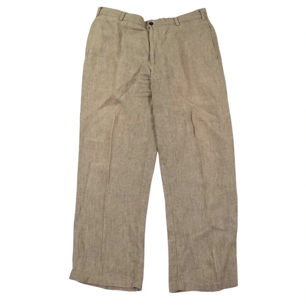 Orvis 100% Linen Pants Men 38x30.5 Oatmeal Brown Flat Front Straight Leg Coastal